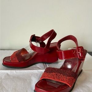 Robert Clergerie Wedge Sandals Beaded Red Leather Platform Shoes Size 7.5 Rare!